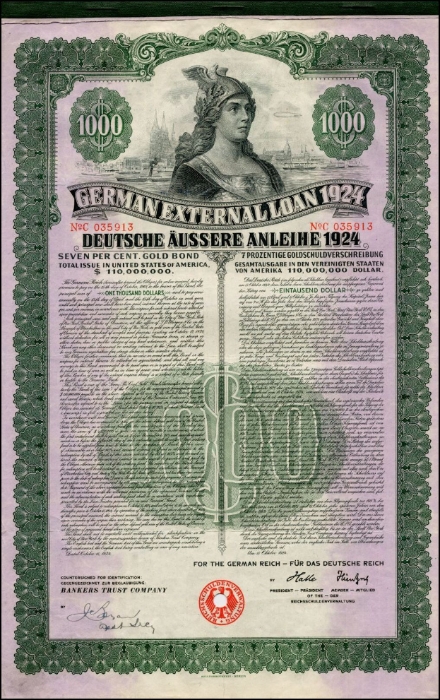 Deutsches Auslandsanleihe-Zertifikat von 1924 mit einem Porträt einer Frau, mit gedrucktem Text und numerischen Denominationen.