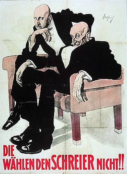 Deutsches Propagandaplakat für die Nazi-Partei mit zwei Männern auf einem Sofa mit Text, der die Partei bewirbt.