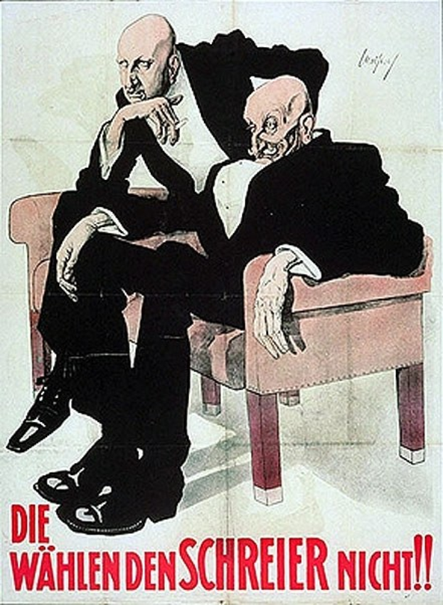 Deutsches Propagandaplakat für die Nazi-Partei mit zwei Männern auf einem Sofa mit Text, der die Partei bewirbt.