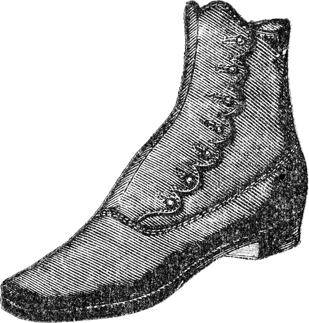 Schwarze und weiße Zeichnung klassischer Stiefel mit gerundeten Zehen, niedrigen Absätzen und kunstvoll verzierten Schnürsenkeln, die in einer ordentlichen Schleife gebunden sind.
