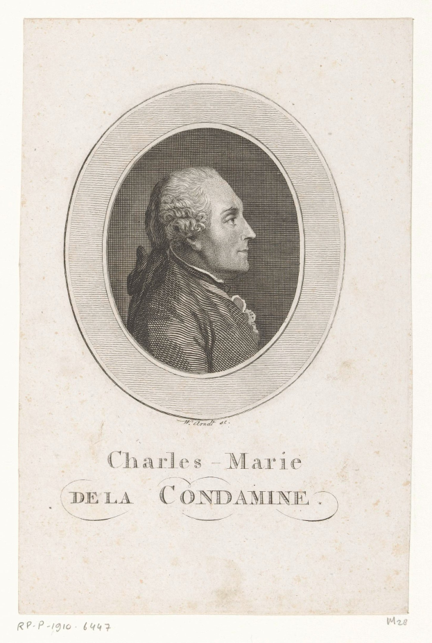 Porträt von Charles Marie de la Condamine, einem französischen Komponist, der ein weißes Hemd und eine schwarze Schleife trägt, mit gefalteten Händen und einem ernsten Gesichtsausdruck.