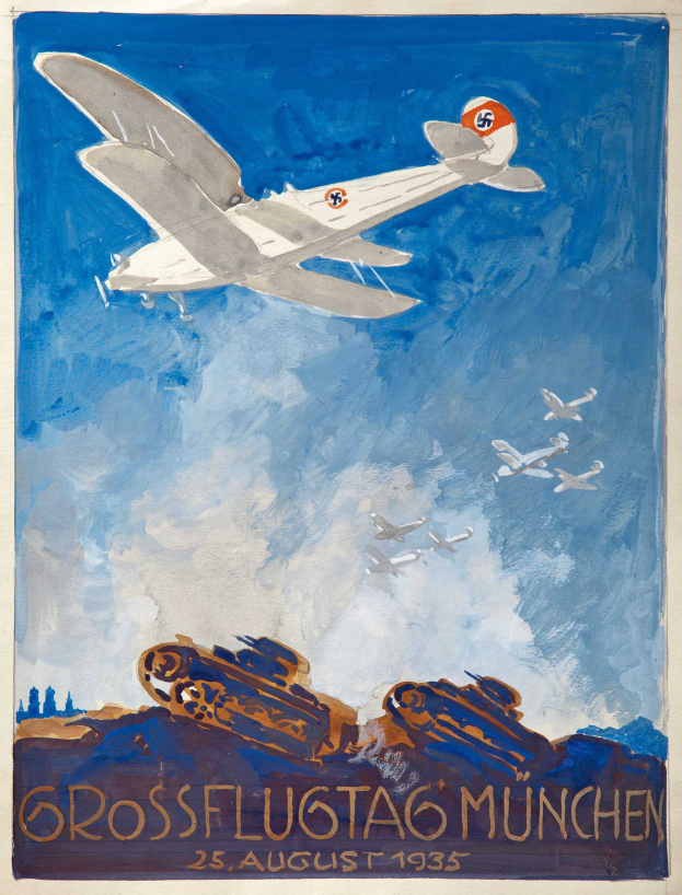 Plakat für eine Luftschau in München am 25. August 1935, das ein Flugzeug zeigt, das durch den Himmel fliegt, mit anderen Flugzeugen im Hintergrund.