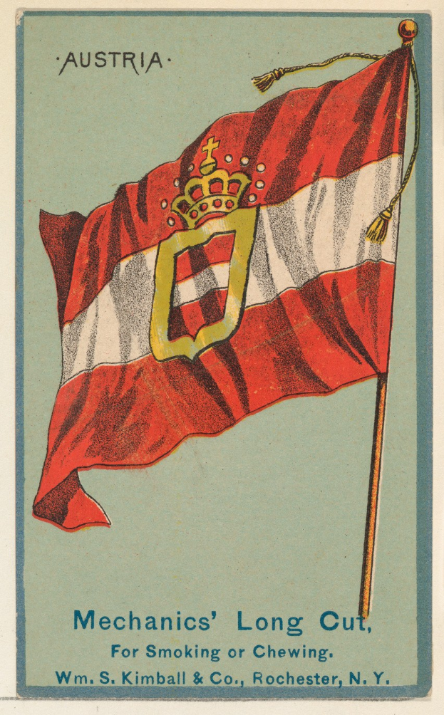 Ein Plakat mit dem österreichischen Flaggenbild - ein rotes Feld mit einem weißen Kreuz und einem weißen Stern oben links - sowie einer fetten schwarzen Schrift, die 'Österreich - Mechaniker Langschneider zum Rauchen oder Kauen' lautet, eingerahmt von einem weißen Rand.