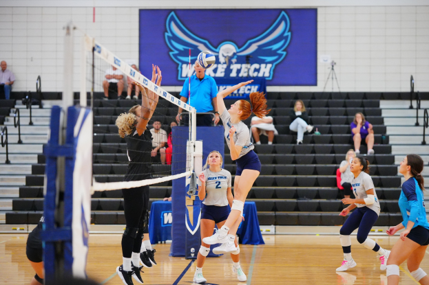 Frauen beim Volleyballspielen mit Netz, Zuschauern auf Treppe und Meisterschaftsbanner mit Adler an der Wand.