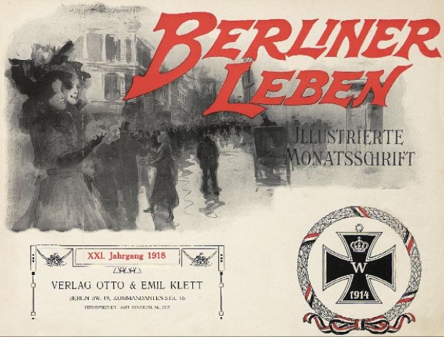 Altes Buchcover mit dem Titel "Berliner Leben" zeigt eine Gruppe von Menschen in einer feierlichen Umgebung und ein Logo, das mit der deutschen Armee in Verbindung steht.