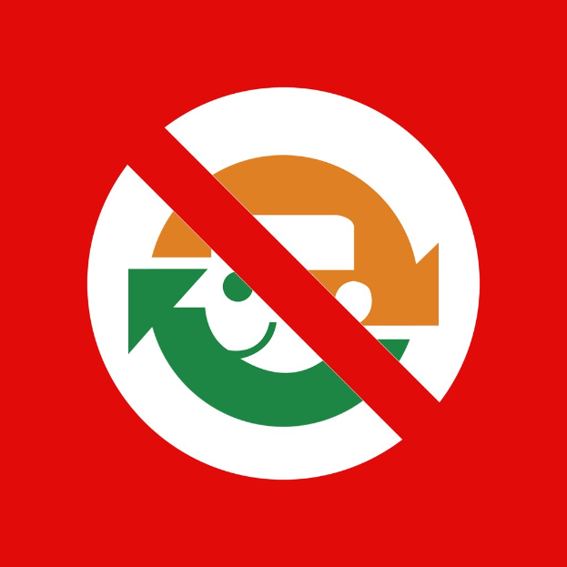 Ein rotes und weißes Schild mit fetter schwarzer Schrift, die "Kein Recycling" lautet, und einem Pfeil, der nach rechts zeigt.