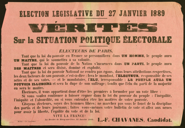 Schwarzes Plakat mit weißer Schrift, die "Vérités sur la Situation Politique Electorale" gegen einen schwarzen Hintergrund liest.
