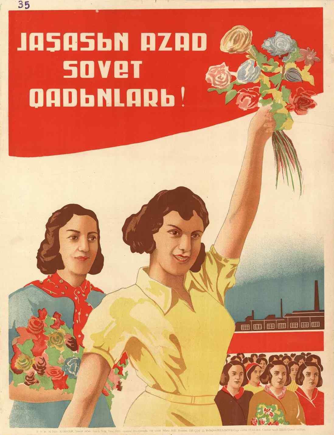 Sowjetisches Propagandaplakat zum Frauentag mit einer Frau, die Blumen hält, umgeben von Menschen und einem Gebäude.