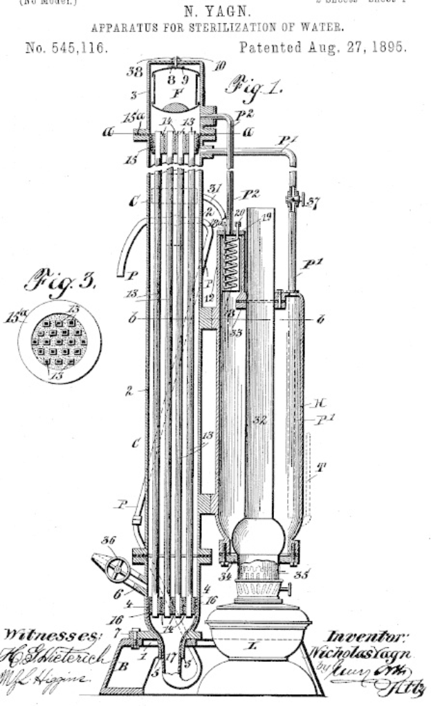 Patentzeichnung einer Vorrichtung zum Sterilisieren von Wasser, beschriftet mit "Vorrichtung zur Sterilisation von Wasser", mit detaillierten technischen Texten und Diagrammen auf einem weißen Hintergrund.