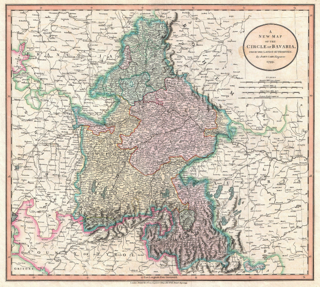 Ein gerahmtes Vintage-Poster mit einer Karte von Bayern, Deutschland, mit umliegenden Provinzen von Deutschland und Österreich.