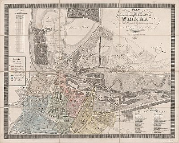 Detaillierte alte Karte von Weimar, Deutschland, die Straßen, Gebäude und Sehenswürdigkeiten mit begleitendem Text über die Bevölkerung und bemerkenswerte Merkmale zeigt.