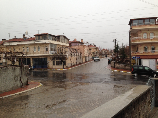 Eine Stadtansicht mit Kraftfahrzeugen auf Stra├čen, Geb├Ąuden, B├Ąumen, Strommasten mit Kabeln, Gel├Ąndern und Himmel.