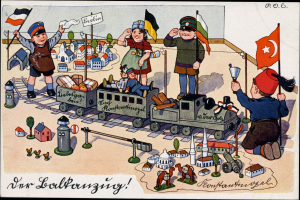 Kinder spielen mit einem Spielzeughahn auf einem Bahngeleise, umgeben von Häusern und Bäumen, mit Text unten.