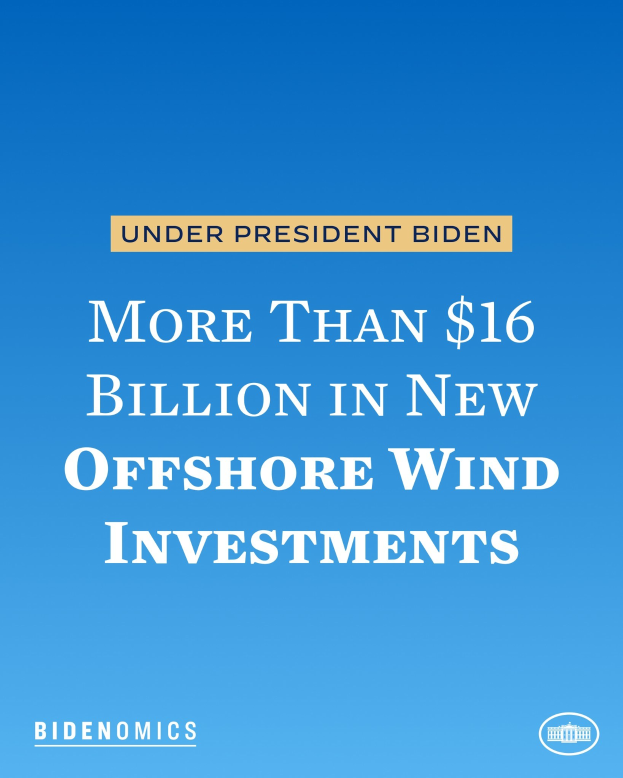 Plakat mit blauem Hintergrund und weißer Schrift, auf der steht "Mehr als 16 Milliarden US-Dollar in neue Offshore-Wind-Investitionen unter Präsident Biden".