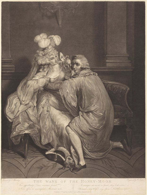 Schwarzes und weißes Bild eines Mannes und einer Frau auf einem Sofa, der Mann hält eine Maske, mit dem Text "Der Verfall der Flitterwochen" unten.