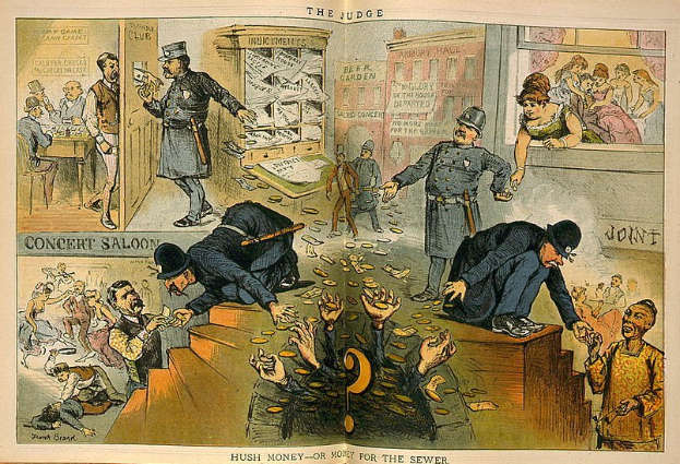 Cartoon-Courtroom-Szene mit einem Richter in Anzug und Hut, der einen Stock und ein Buch hält und von Menschen umgeben ist, mit Papieren, auf denen "Schweigegeld oder Geld für die Kanalisation" steht, auf dem Boden verstreut.