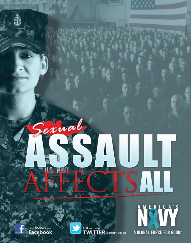 Ein Plakat mit einer Frau in Militäruniform vor einer Menge, mit einer Flagge im Hintergrund und dem Text "Sexuelle Gewalt betrifft alle."