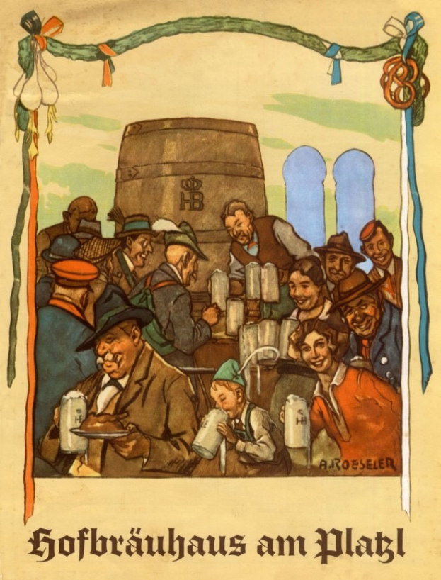 Plakat für ein Bierfest in Deutschland mit Menschen, die Biergläser halten und einem Fass im Hintergrund, mit deutscher Schrift am unteren Rand.
