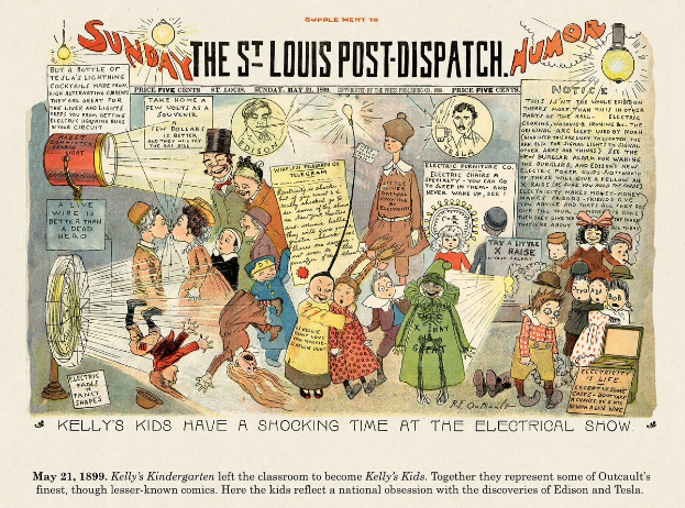 Cartoon-Illustration von Menschen in bunten Kleidern mit verschiedenen Gesichtsausdrücken vor einem Schild, das "Sonntag die St. Louis Post-Dispatch Humor" lautet, auf einem gelben Hintergrund.