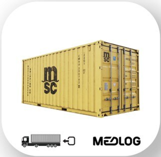Gelber Transportcontainer mit der Aufschrift "Medlog" und einer Illustration eines Lkws sowie zusätzlichem Text, verwendet für den Transport.