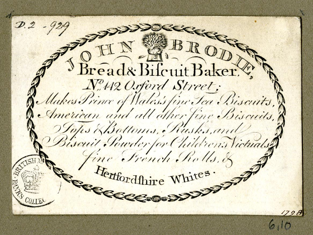 Alte Visitenkarte für John Brodie Bread & Biscuit Baker, die den Angeboten des Bäckereibetriebs beschreibt.