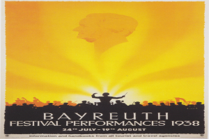Plakat für die Bayreuth-Festspiele 1938 mit einer zentralen Figur umgeben von einer Gruppe von Menschen und Text mit Festivaldetails.
