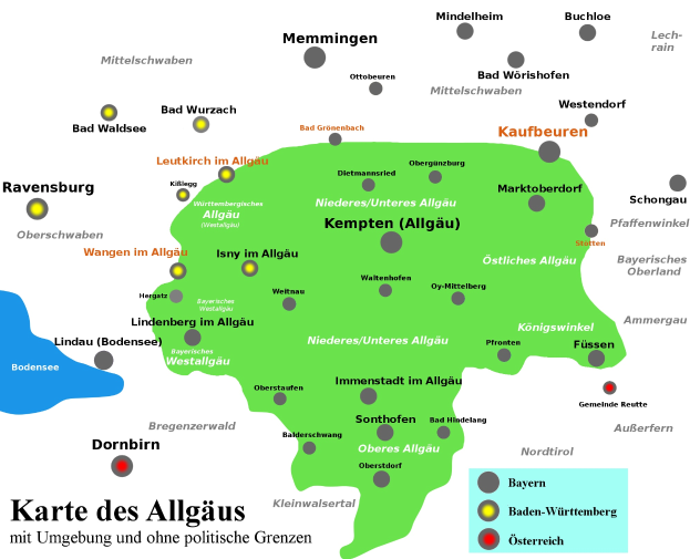 Eine bunte Deutschlandkarte mit wichtigen Städten, Hauptstädten und Standorten von Allgäu, begleitet von zusätzlichen Informationen.