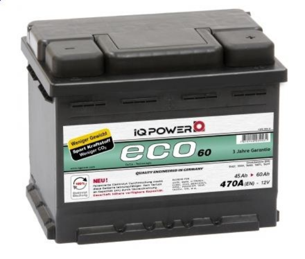 Eine iqpower eco 60 Auto-Batterie wird auf einem weißen Hintergrund mit einem Wasserzeichen in der linken oberen Ecke angezeigt.