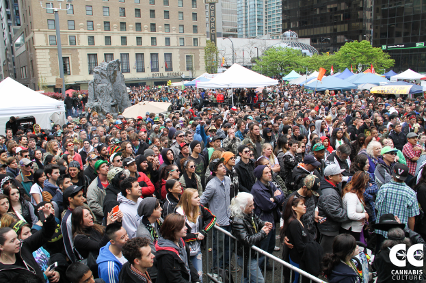 Eine Menge mit Schirmen und Fahnen, Bäumen, Pfählen, Schildern und einem Zaun im Vordergrund, mit Gebäuden im Hintergrund.