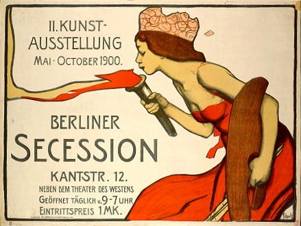 Plakat von 1900 Berlin Secession mit einer Frau in rotem Kleid, die ein Objekt hält, mit Text zu den Veranstaltungsdetails.