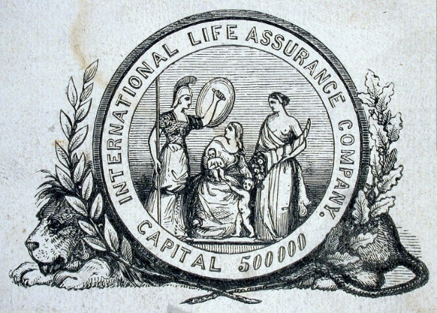 Schwarze und weiße Zeichnung des International Life Assurance Company-Logos mit Menschen, die Gegenstände halten, umgeben von Blättern und Text auf einem Blatt Papier.