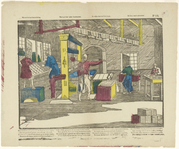 Eine Zeichnung einer Fabrik mit Menschen, die Maschinen bedienen, Tischen, Fenstern und anderen Gegenständen, mit Text unten.