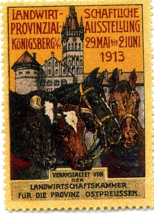 Deutsche Briefmarke aus dem Jahr 1913 mit drei Kühen und einem Schloss, auf der der Text 'Landwirtschaftskammer' gedruckt ist.
