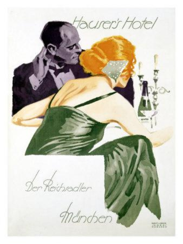 Ein Plakat aus den 1930er Jahren, das ein Hotel bewirbt und einen Mann und eine Frau in einem grünen Kleid zeigt.