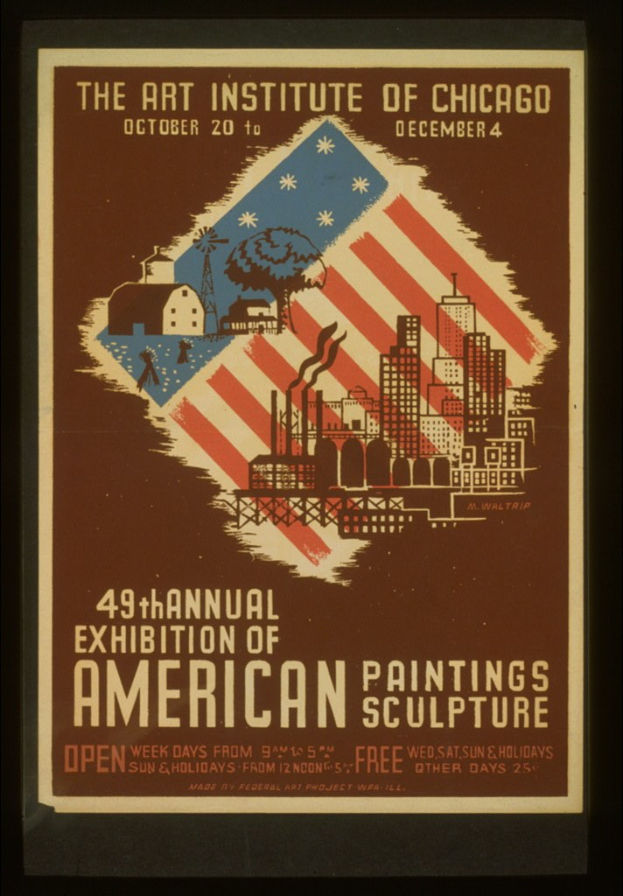 Plakat für die 49. Jahresausstellung des Art Institute of Chicago für Amerik. Malerei und Skulptur, mit Texten und Bildern zum Ereignis.
