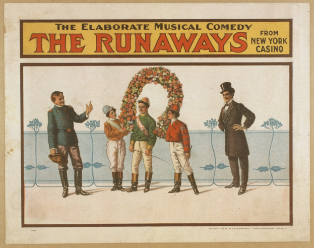 Plakat für "Elaborate Musical Comedy Runaways from New York Casino" mit einer Gruppe von Menschen in einer Reihe und einem mit Blumen haltenden Menschen.