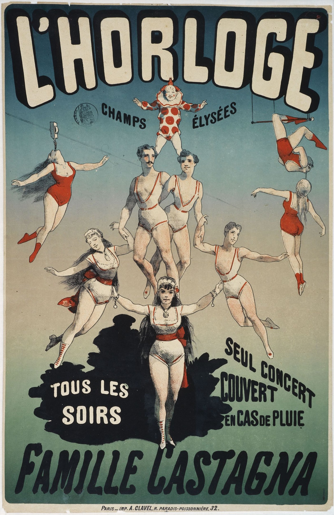 Ein Plakat für L'Horloge Family Lastagna, das eine Gruppe von Menschen in bunten Kostümen mit strahlenden Gesichtern tanzt.