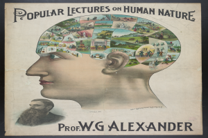 Ein Plakat mit der Aufschrift "Populäre Vorträge über die menschliche Natur" von Professor W.G. Alexander, das ein zentrales Porträt umgeben von Bildern von Menschen, Bäumen und anderen Gegenständen zeigt.