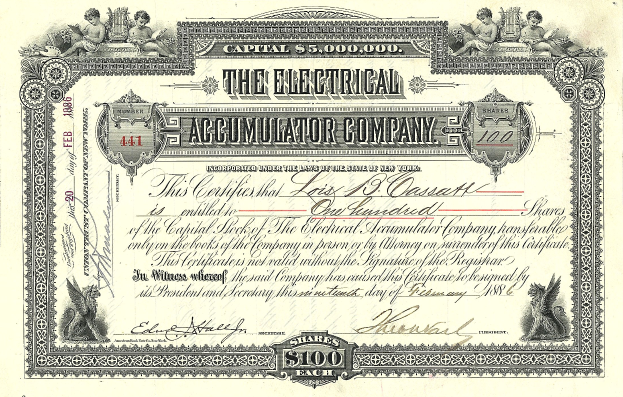 Ein Aktienzertifikat einer elektrischen Akkumulatorenfirma mit komplexen Designs, das den Text "The Electrical Accumulator Company" zeigt.