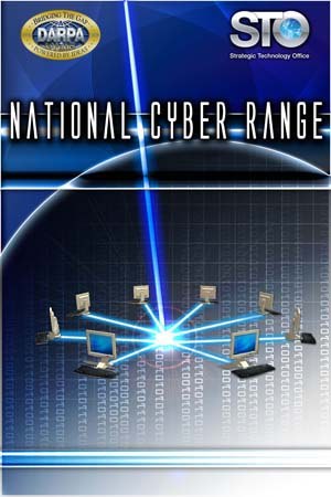 Plakat mit der Aufschrift "Nationales Cyber-Range" in fetter weißer Schrift auf blauem Hintergrund, das eine Weltkugel mit mehreren angeschlossenen Computern zeigt.