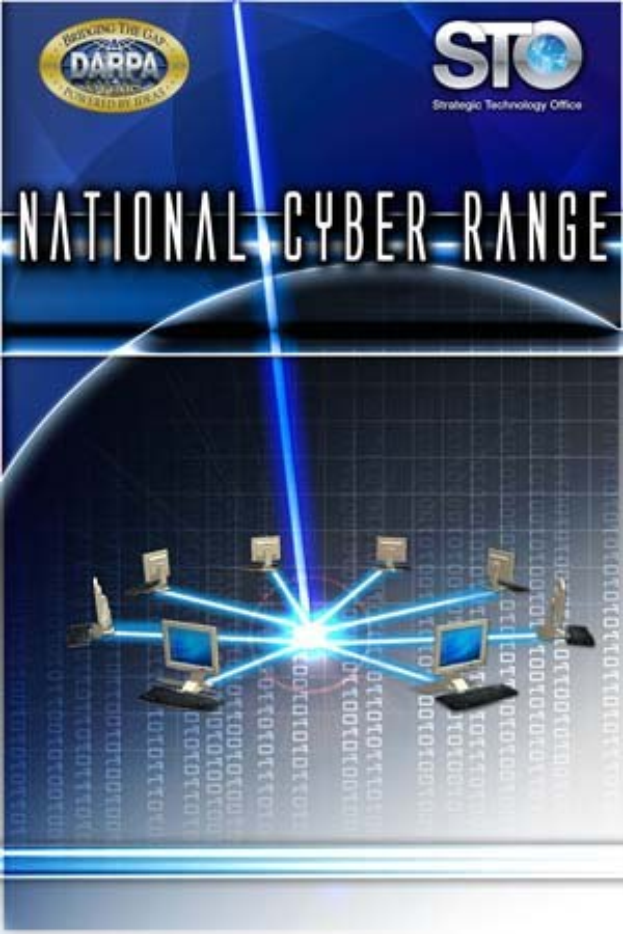 Plakat mit der Aufschrift "Nationales Cyber-Range" in fetter weißer Schrift auf blauem Hintergrund, das eine Weltkugel mit mehreren angeschlossenen Computern zeigt.
