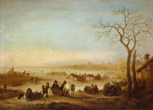 Winterlandschaftsbild 'Die Eiszeit' von Johannes Vermeer, das eine Gruppe von Menschen auf einem zugefrorenen See mit schneebedeckter Landschaft, Bäumen, Häusern und wolkigem Himmel zeigt.