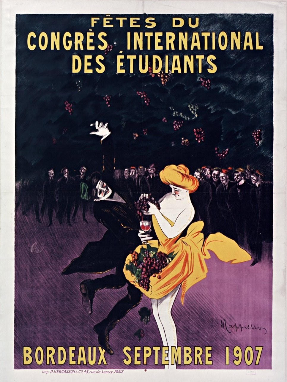 Plakat aus dem Jahr 1907 für eine Weinprobe in Bordeaux, Frankreich, mit einer Frau in gelbem Kleid, die ein Weinglas hält, umgeben von einer Gruppe von Menschen.