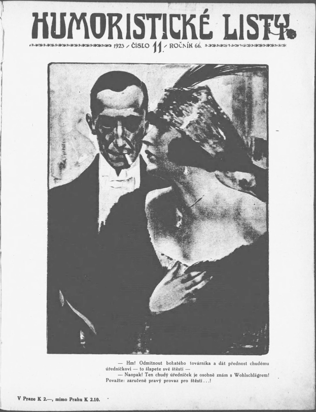 Schwarzes und weißes Magazin-Cover mit der Überschrift 'Humoristische Liste', das einen Mann im Anzug mit ernster Miene und eine Frau zeigt, die wegschaut und leicht schmunzelt.