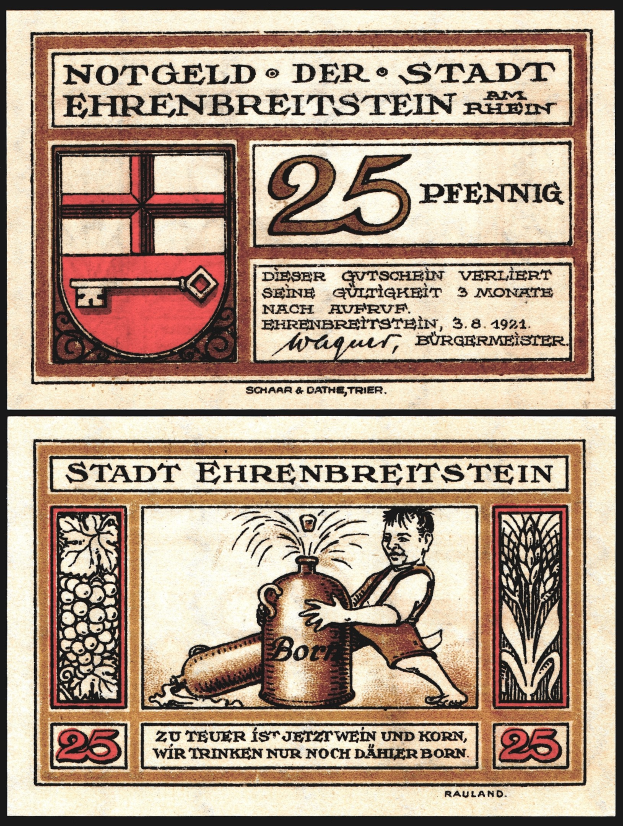Alte deutsche Banknote zeigt Mann in weißem Hemd und blauem Hut mit Bierflasche