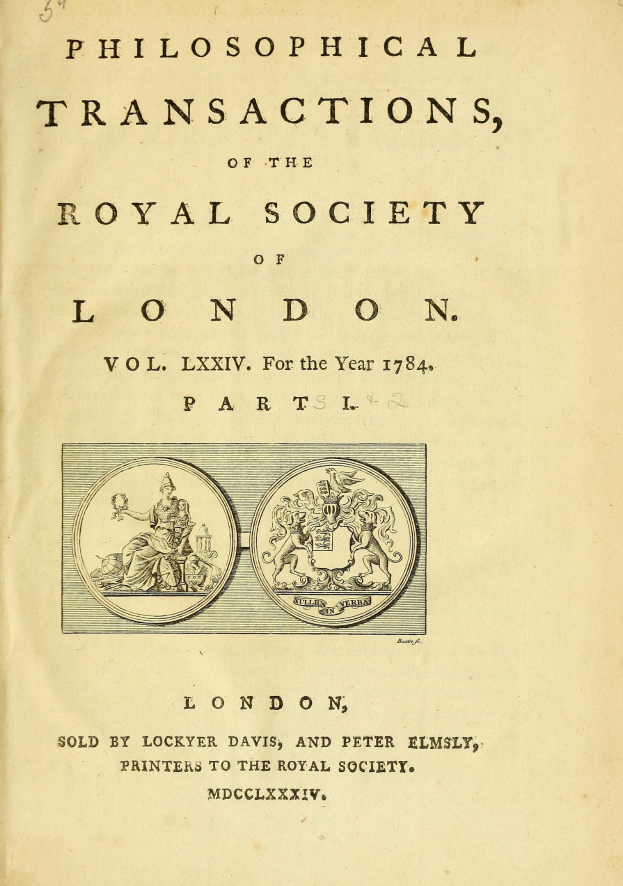 Ein historisches Dokument mit dem Titel 'Philosophical Transactions of the Royal Society of London', das Illustrationen eines Mannes in Anzug, einer Frau in einem Kleid und eines Mannes mit Hut und Stock zeigt, eingerahmt von dekorativem Text auf hellblauem Papier.