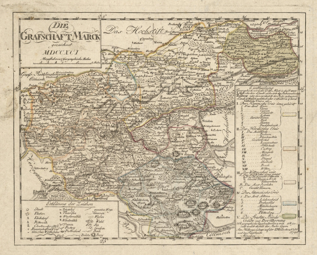 Ein detaillierter alter Stadtplan von München, Deutschland, mit Straßen, Parks und Sehenswürdigkeiten, verziert mit intriganten Straßen, Flüssen und Bergen in Blau-, Grün- und Gelbtönen.