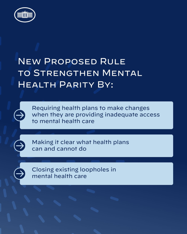 Blauer Hintergrund mit weißer Schrift und einem weißen Kreis-Logo mit einer blauen Umrandung, das eine neue Regel zur Stärkung der mentalen Gesundheit vorschlägt.