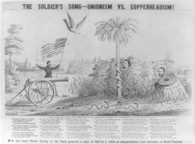 Plakat, das eine Person zeigt, die auf einer Kanone steht, eine Fahne hält und von Bäumen, Pflanzen und einer Schlange umgeben ist, mit der Aufschrift 'The Soldier's Song - Unionism vs Copperheadism'.
