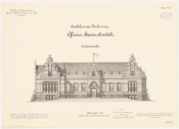 Eine Zeichnung des Hauptsaals des Deutschen Bundestages in Berlin, Deutschland, mit einer Flagge oben drauf, begleitet von Text.